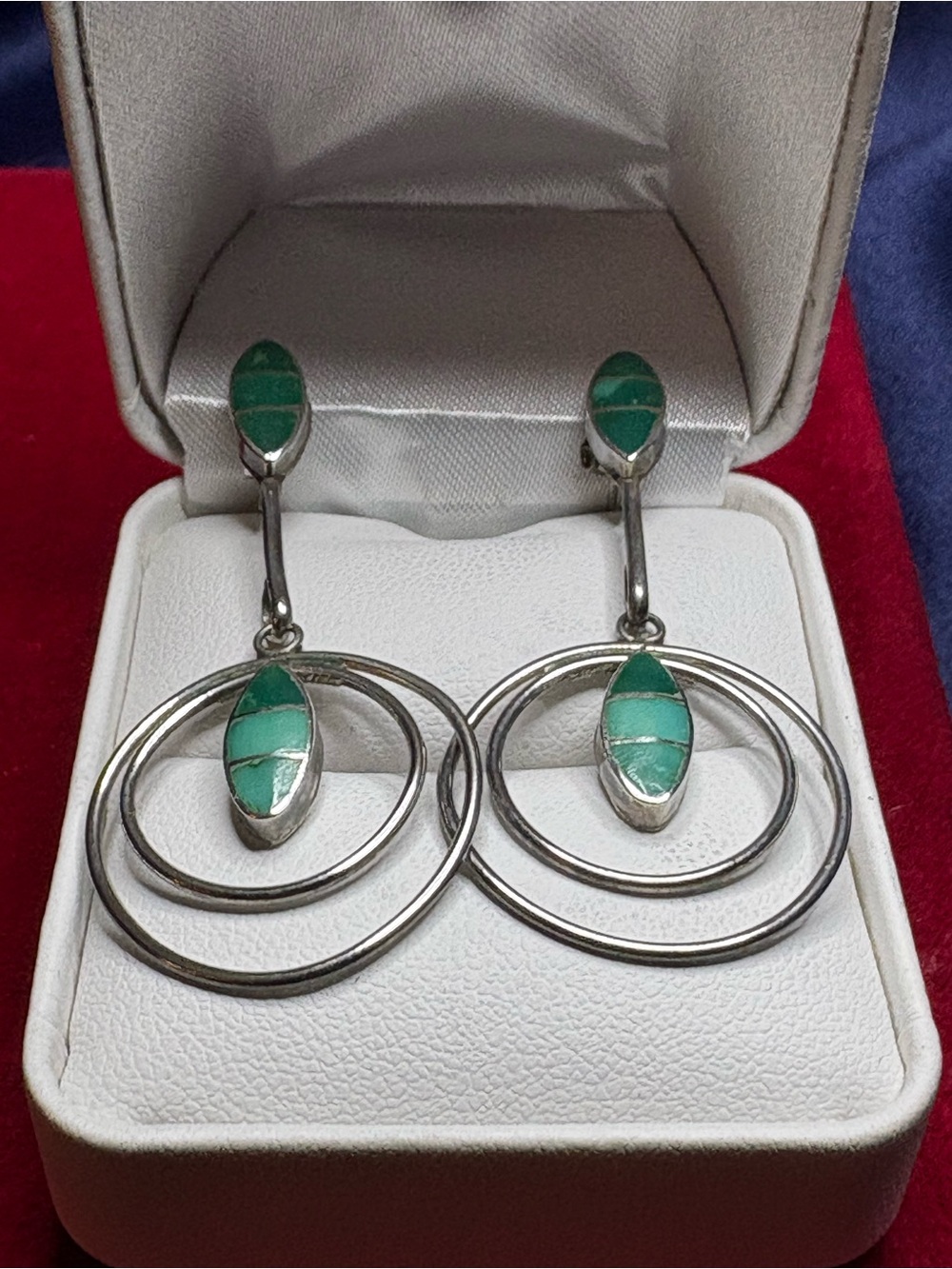 Earrings Sterling Silver Genuine Malachite & Turquoise Inlay Hoop Dangle